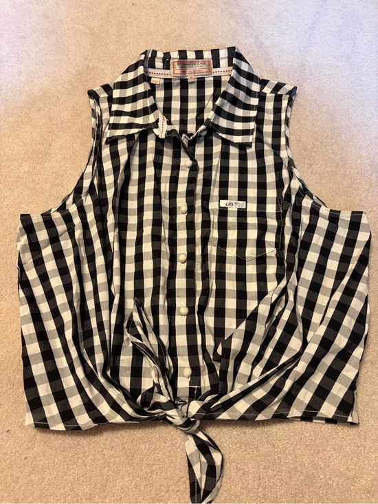 Guess Tops - Guess Black & White Gingham Tie-Front Sleeveless Top